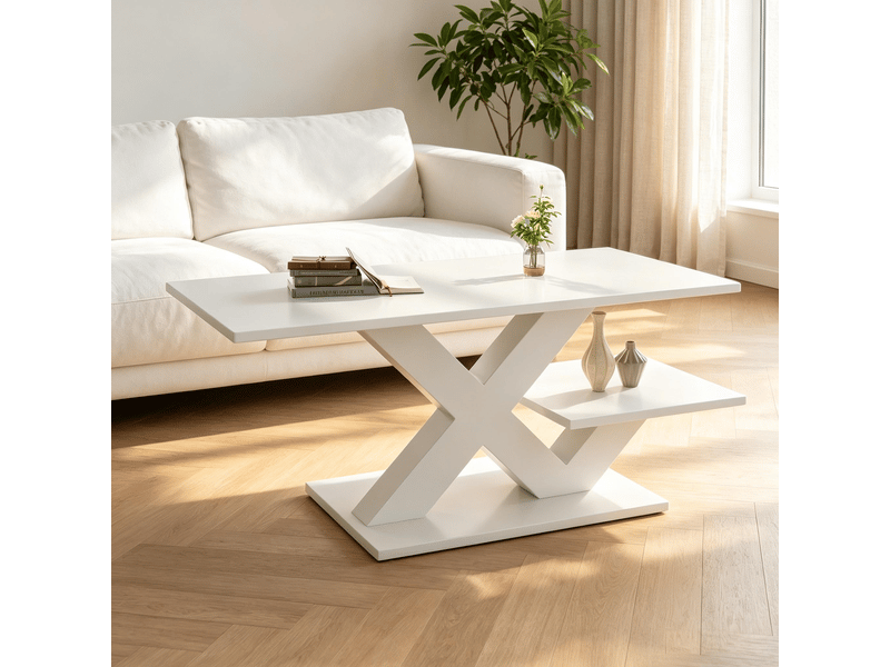Table basse blanche brillante 100x48x45cm double plateau mdf pieds en x - Conforama D