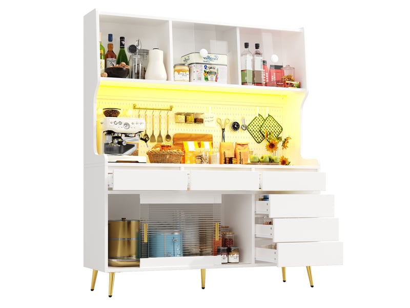 Armoire haute blanche avec led, meuble de rangement cuisine et salle à manger moderne, portes en verre, 145x39x171cm. - Conforama A