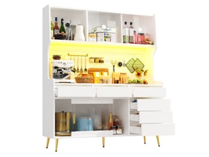 Armoire haute blanche avec led, meuble de rangement cuisine et salle à manger moderne, portes en verre, 145x39x171cm.