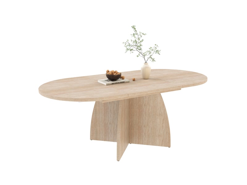  Table de salle à manger extensible pour 6 à 8 personnes avec rallonge centrale, plateau arrondi en mdf travertin  - Conforama A