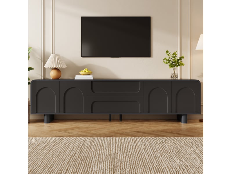  Meuble tv 180 x 40 x 46 cm noir, 4 portes, 2 tiroirs et passe-câbles  - Conforama D