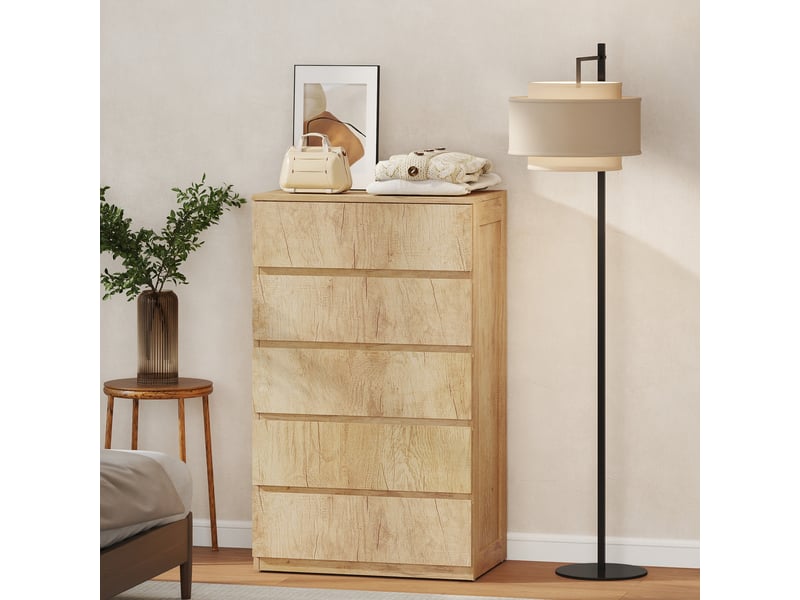  Commode 5 tiroirs meuble de rangement sans poignées design minimaliste bois naturel 60 x 39 x 100 cm  - Conforama D