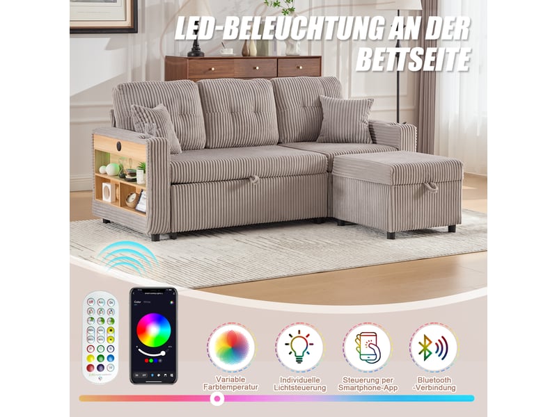  Canapé de salon, canapé velours – en velours tricoté, avec rangement, porte-gobelets, avec accoudoirs, lit gigogne, port usb  - Conforama W
