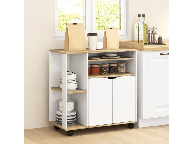  Desserte de cuisine 80x40x82 cm, avec armoire, 2 portes, étagères réglables, sur roulettes, meubles de cuisine, bois  - Conforama B