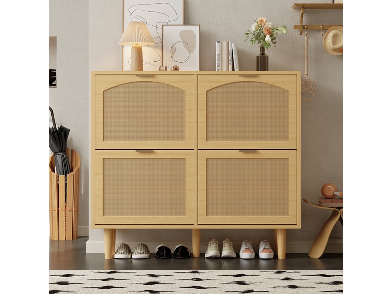  Meuble à chaussures 100x25x90 cm, placard à 4 portes pliantes en rotin et panneau de particules, couleur chêne clair pour entrée  - Conforama B