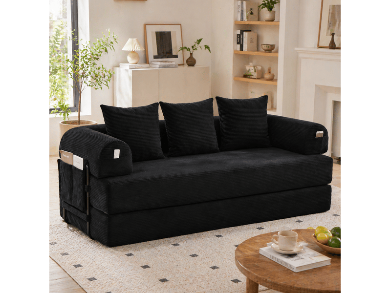 Canapé modulaire 3 places 200x94x67 cm – noir – velours côtelé, 3 coussins et poche latérale pratique  - Conforama B
