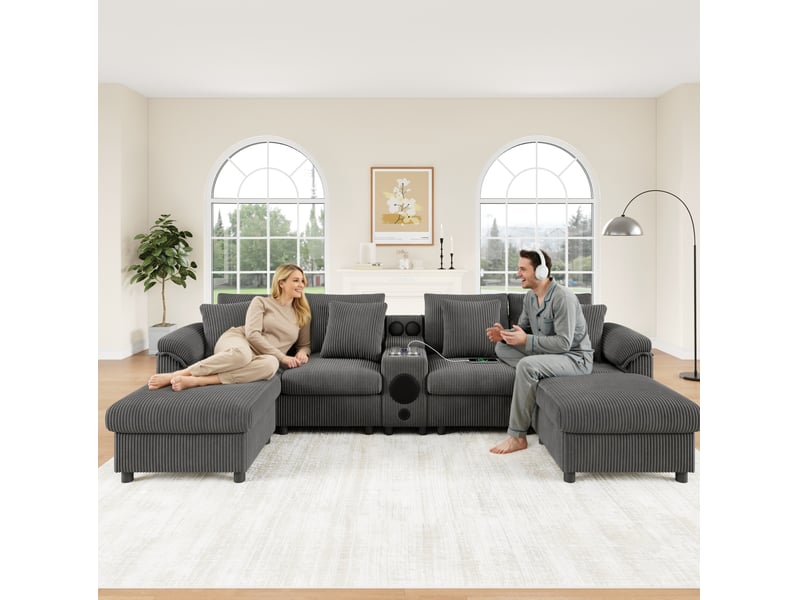 Canapé modulaire u et l 315,5x144x84,5 cm avec console, bluetooth, usb et charge sans fil, velours côtelé gris  - Conforama C