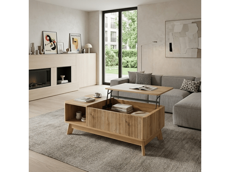  Table basse relevable effet bois naturel design ondulé 95x48x50cm  - Conforama B