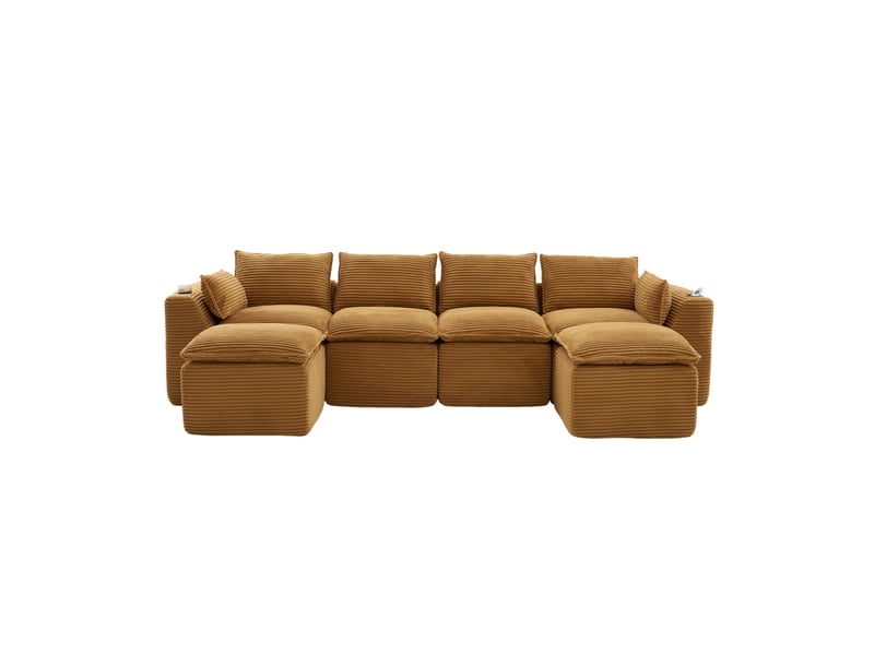 Canapé modulable 4 places en velours côtelé orange avec 2 poufs - Conforama A