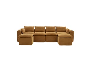 Canapé modulable 4 places en velours côtelé orange avec 2 poufs