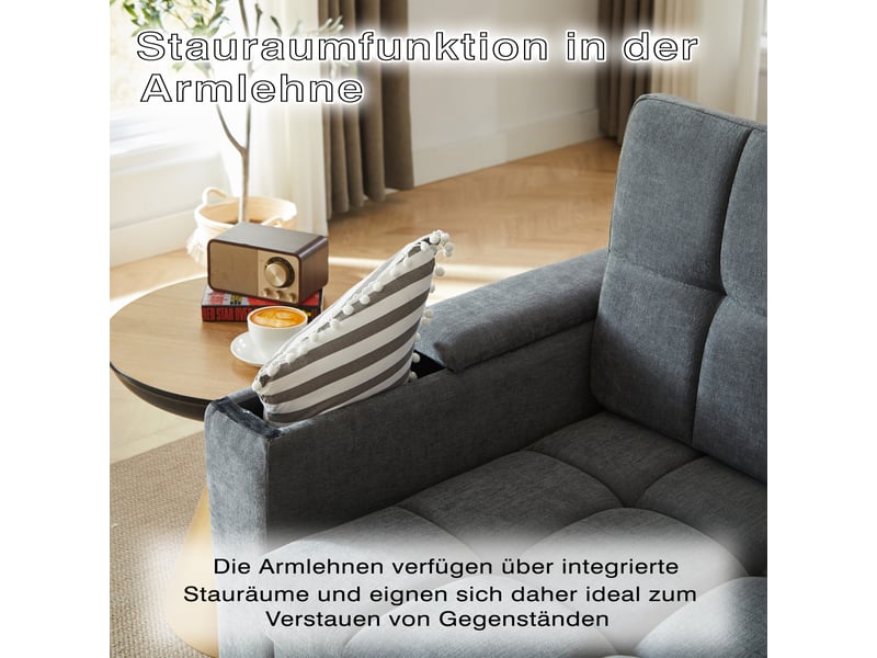  Canapé convertible, canapé-lit, 2 places, en chenille, gris, rangements dans les accoudoirs, structure métallique, poches latérales  - Conforama R