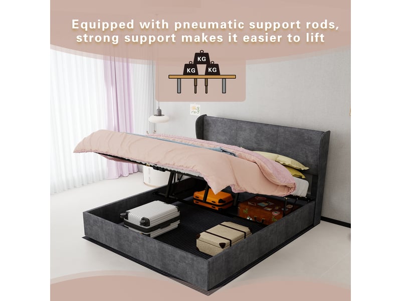  Lit adulte double 160×200 cm, tête de lit rembourrée - okmyhome- structure stable en tissu gris, sans matelas  - Conforama E