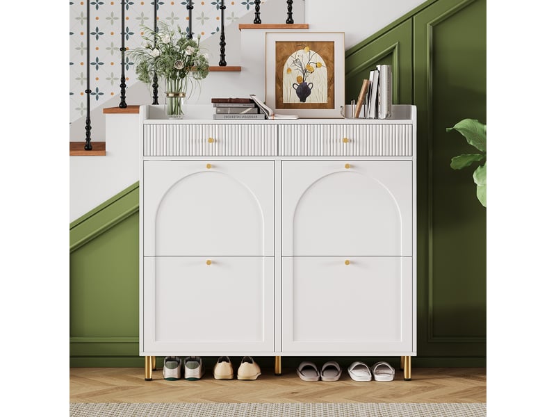 Meuble à chaussures 106,5x25x105,5 cm en mdf et panneaux de particules avec 4 abattants et 2 tiroirs blanc chicfurn  - Conforama C