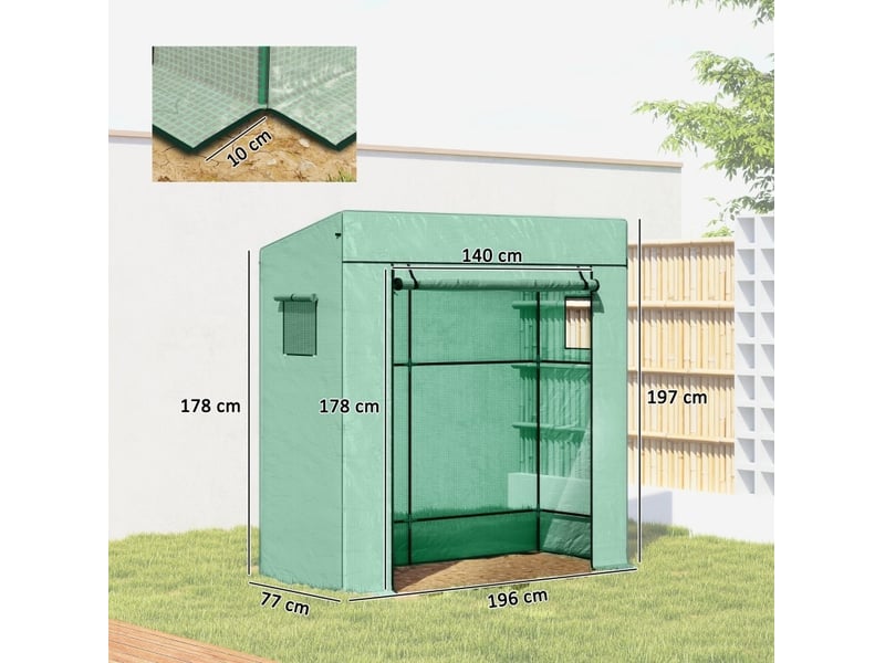  Serre de jardin 196x77x197 cm avec porte enroulable et fenêtres en maille vert  - Conforama E