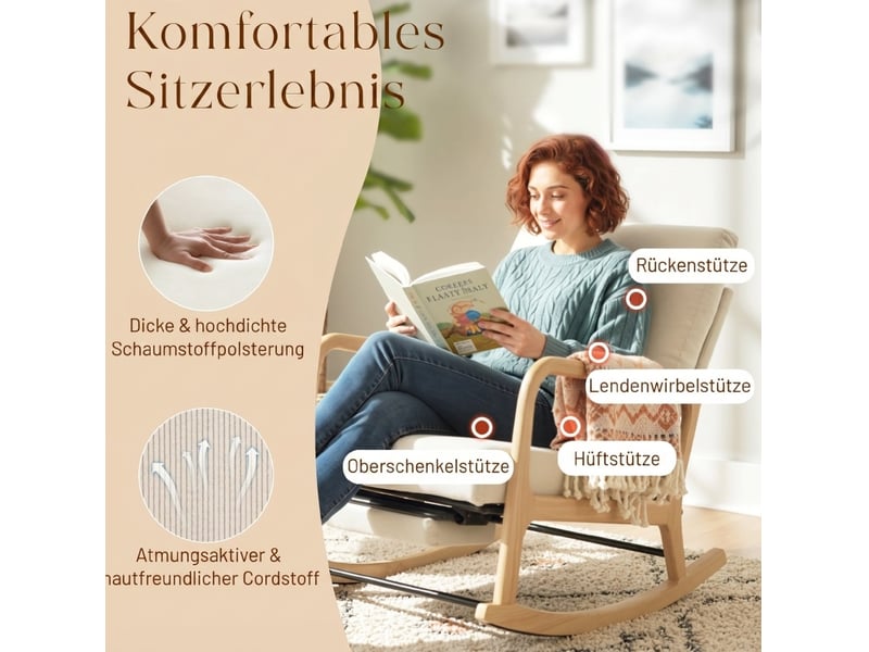  Fauteuil à bascule 89 x 70 x 97,5 cm crème en velours côtelé polyester, dossier réglable et repose-pieds  - Conforama E