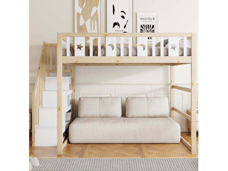 Lit mezzanine enfant 140 x 200 cm avec escalier, étagères et motifs étoile lune - Conforama E