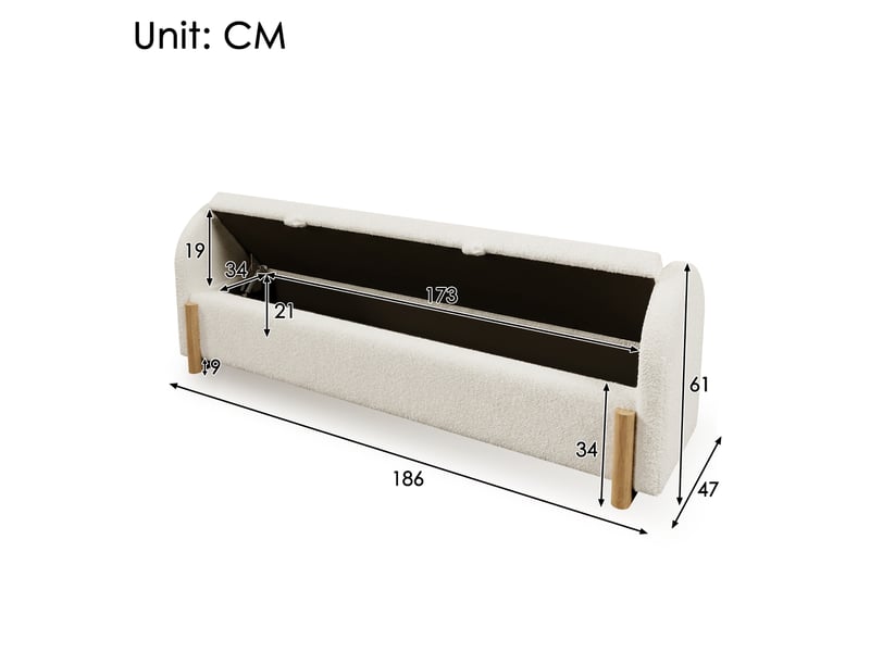  Banc coffre 186 cm avec rangement hydraulique, banquette de lit en bouclé chenille, coffre de rangement avec fermeture douce - beige  - Conforama E