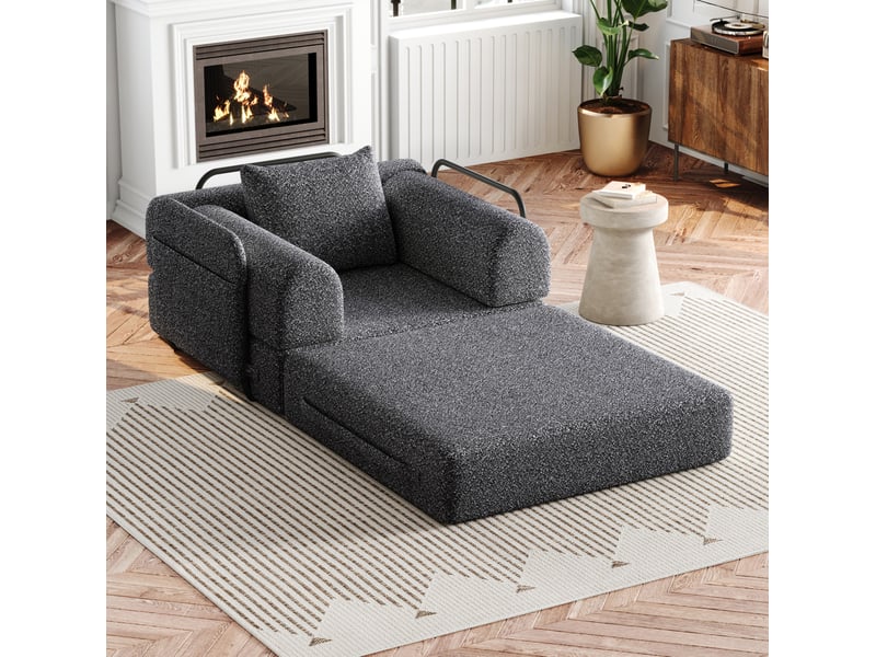  Fauteuil convertible 1 place 2 en 1 avec rangement dans l’accoudoir et structure en acier, chenille gris  - Conforama E