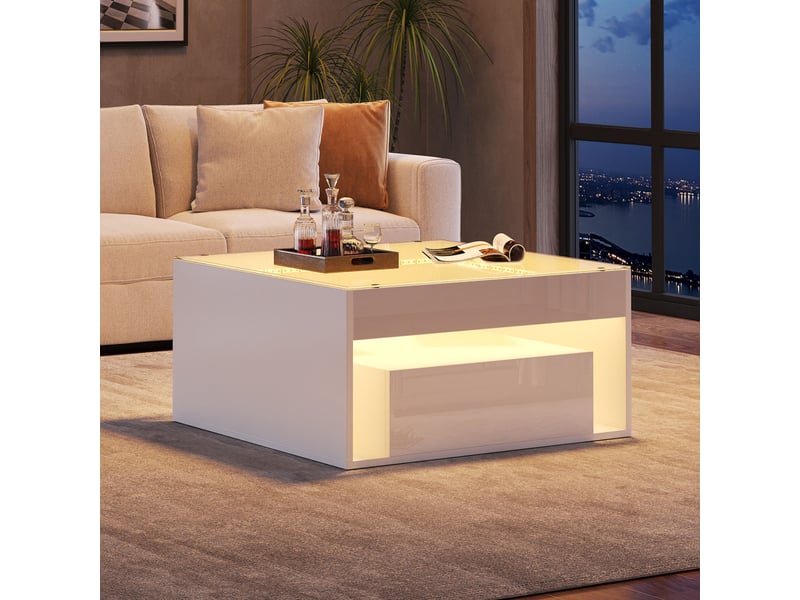  Table basse carrée 70x70 blanche laquée avec led, plateau en verre trempé et 2 tiroirs de rangement  - Conforama W