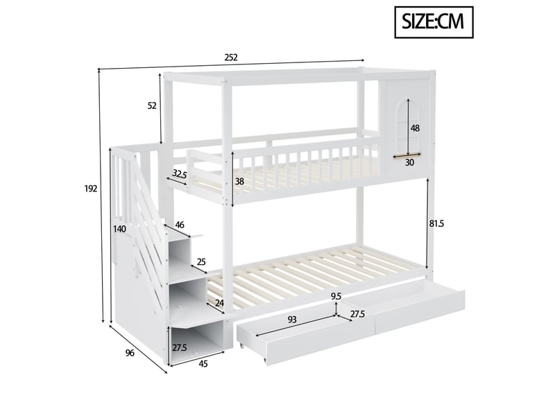  Modenvie lit superposé enfant 90x200 cm - avec échelle sécurisée, rangements intégrés - blanc  - Conforama C