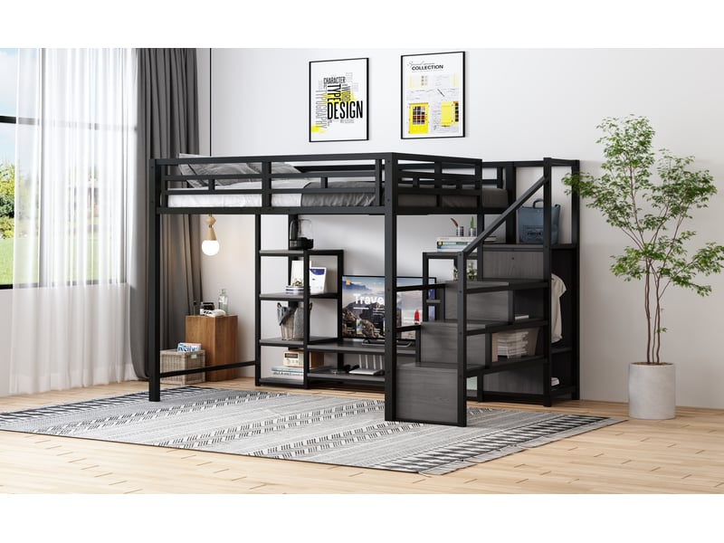  Lit mezzanine double 140×200 cm avec support tv, prise et échelle - okmyhome- métal noir, sans matelas  - Conforama E