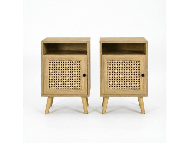  Lot de 2 tables de chevet 39 x 35 x 60 cm avec porte en rotin tressé naturel  - Conforama A