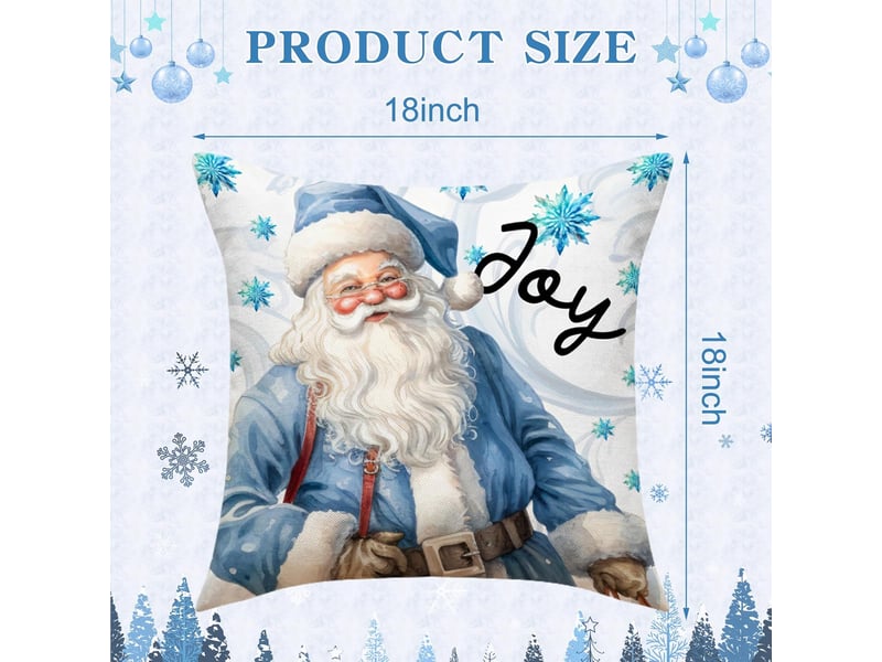  Lot de 4 housses de coussin décoratives de noël, 45 x 45 cm, en lin bleu, motif sapin et père noël  - Conforama C
