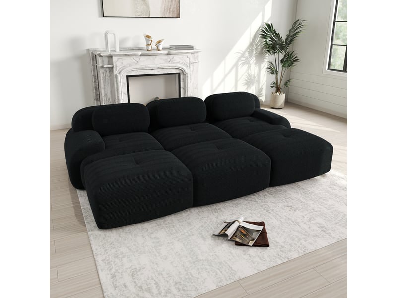 Canapé modulable 3 places noir en velours côtelé avec 3 poufs, sans montage, pour salon et home cinéma - Conforama B