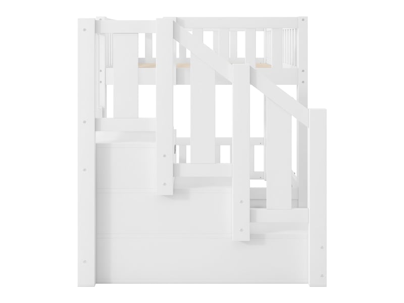  Lit superposé 90 × 200 cm, 2 couchages, escalier avec rangements, portillon au couchage inférieur, pin et mdf, blanc  - Conforama E