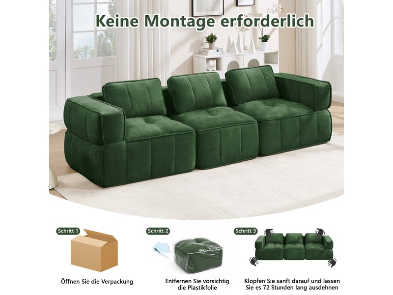  Canapé modulable droit 3 places en polyester vert, 271 x 93 x 67 cm, sans montage, mousse haute densité 32d, assise profonde, livré compressé Luxe haut de gamme - Conforama D