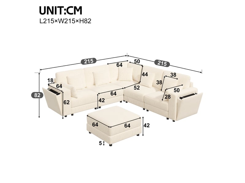  Canapé d'angle modulable 6 places 215x215x82 cm en lu avec usbusb-c, porte-gobelets, rangements intégrés, 7 coussins, chenille - beige Bliss Lite - Conforama C