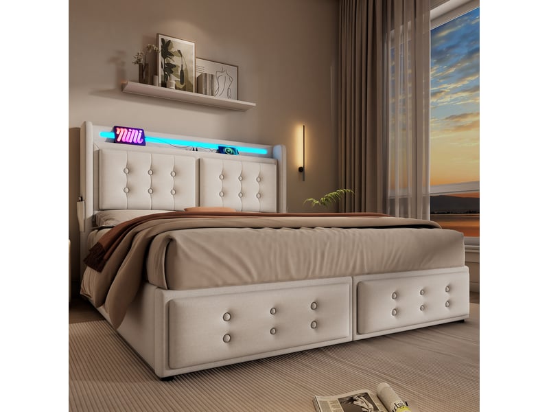 Lit coffre tcqpz 160 x 200 cm led usb-c beige bois métal coton - Conforama D