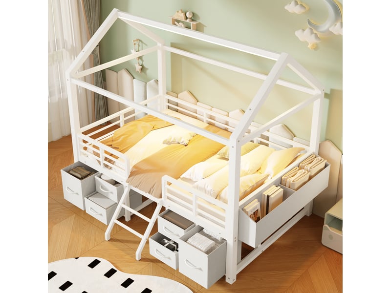  Lit mezzanine enfant 90 x 200 cm avec toit maison, tiroirs en tissu et éclairage led, blanc  - Conforama D