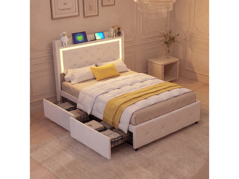 Lit simple rembourré 90x200cm,lit 90x200cm avec led et chargement usb,2 tiroirs,lit adulte,sommier à lattes,velours,beige - Conforama D