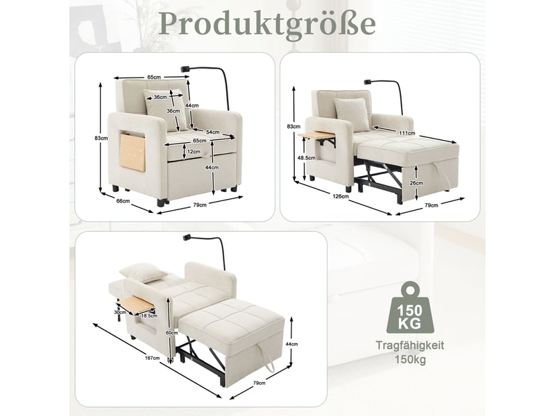  Fauteuil relax 2 en 1, dossier réglable 5 positions, chenille beige  - Conforama E