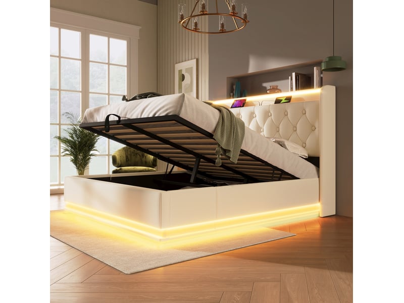  Lit double 140 x 200 cm blanc en pu avec rangement hydraulique, led 360° et matelas  - Conforama D
