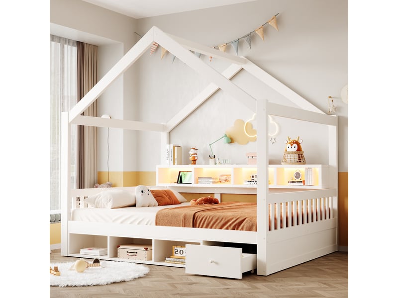  Lit cabane 140 x 200 cm avec led et prises, lit double en bois avec étagères et tiroirs de rangement, garde-corps et sommier à lattes - blanc  - Conforama C