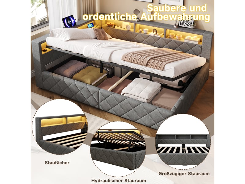 Lit banquette coffre 140x200 cm, canapé-lit confortable avec grand rangement multifonction à ouverture hydraulique, led et usb, mdf et lin gris  - Conforama E