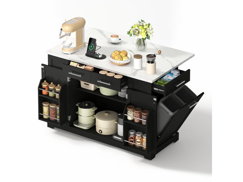  Îlot de cuisine 138 cm, plateau rabattable, prises et usb-c, roulettes, noir  - Conforama A
