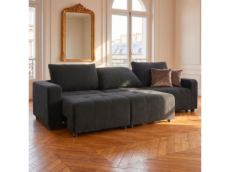 Canapé 3 places convertible et modulable castelo velours côtelé noir Castelo - Conforama C