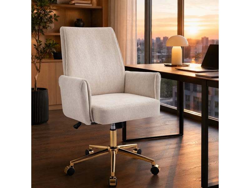  Fauteuil de bureau réglable en hauteur, dos moyen, tissu corduroy blanc et forme ergonomique  - Conforama D