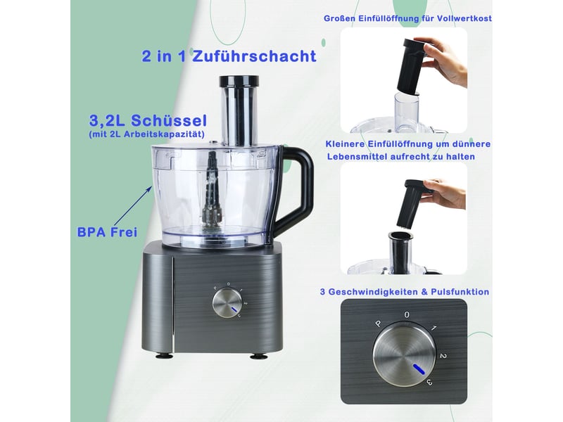 Robot multifonction 1100 w avec bol de 3,2 litres et récipient de 1,5 litre, hacher, trancher, pétrir et émulsionner - Conforama R