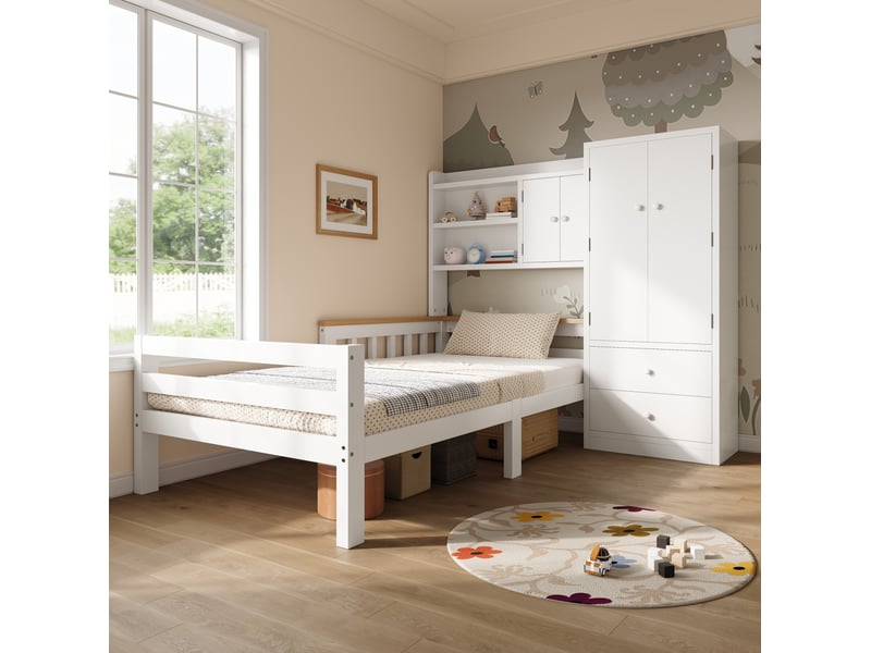  Lit combiné enfant modenvie 90 x 200 cm avec armoire, tiroirs et étagères ouvertes, blanc  - Conforama B