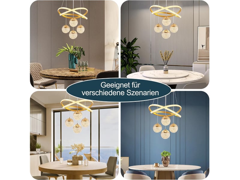  Suspension led dorée en cristal et acrylique pour table à manger – intensité variable, 4 lumières (54 w), hauteur réglable  - Conforama D