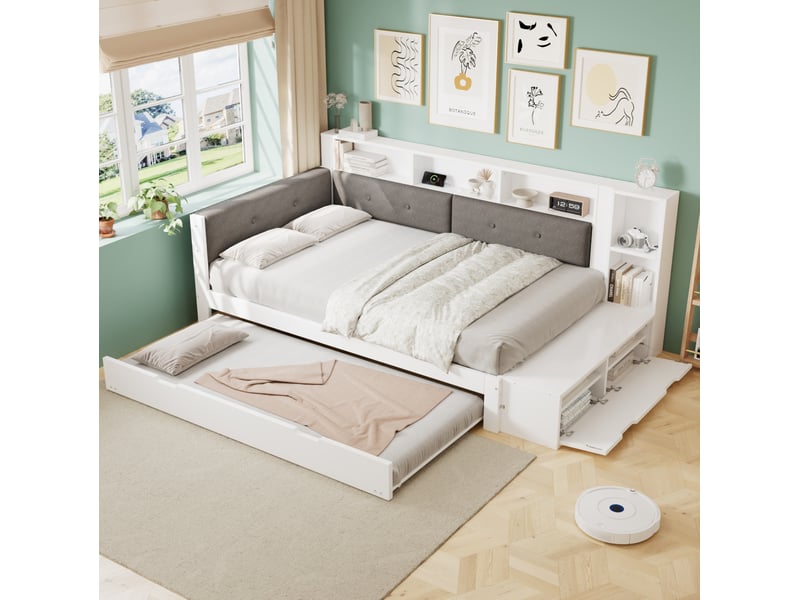  Lit 120x200 cm blanc et gris avec lit gigogne 90x190 cm, rangements et recharge  - Conforama E
