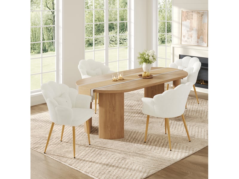 Lot de 4 fauteuils de salle à manger à dossier pétale en tissu teddy blanc - Conforama C