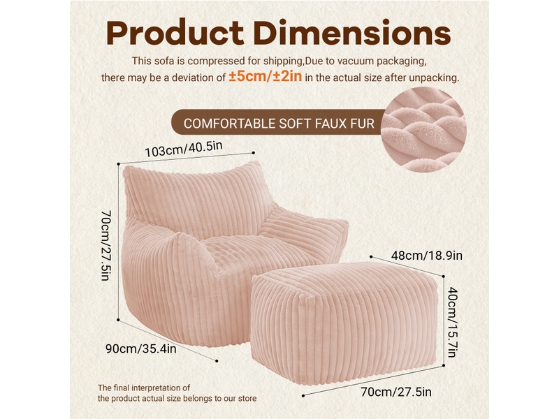 Fauteuil lounge avec ottoman,103x90x70 cm,velours côtelé,rose - Conforama C