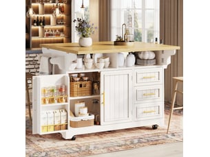 Desserte de cuisine 120x4080x95 cm, plan extensible, portes à motif vertical, 3 tiroirs, roulettes, mdf métal, blanc