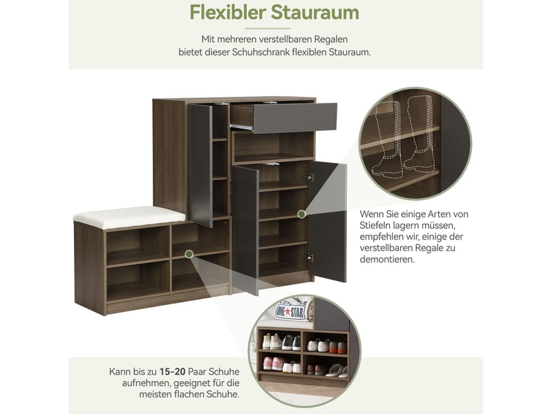  Meuble à chaussures avec banc rembourré – rangement modulable gris – 140 x 35 x 110 cm  - Conforama E