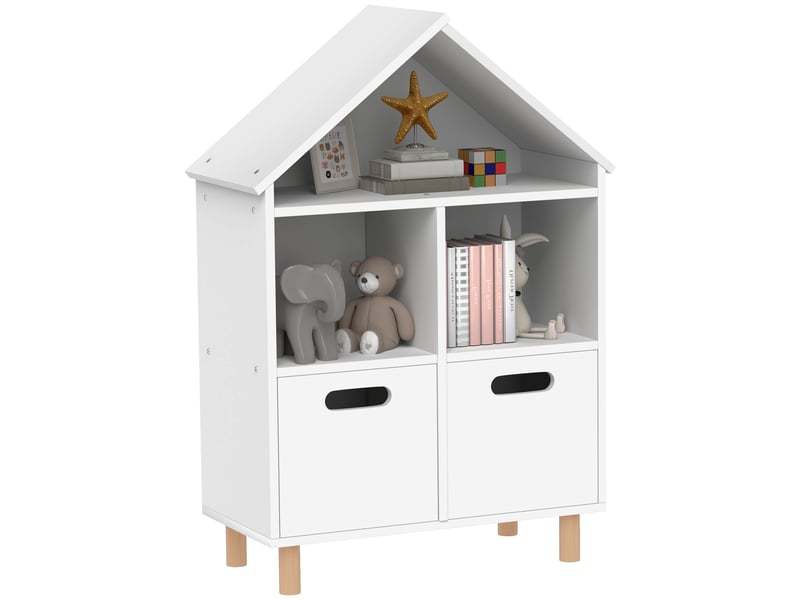  Bibliothèque enfants meuble de rangement enfants 3 niveaux avec deux tiroirs forme de maison 63,7 x 29,7 x 89 cm blanc  - Conforama A